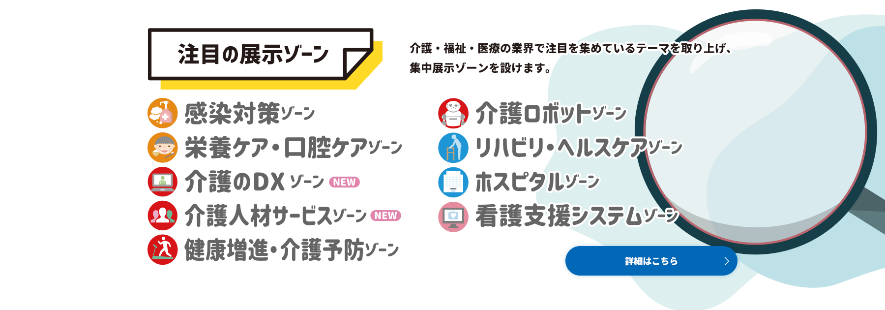 注目の展示ゾーン 感染対策ゾーン/介護のDXゾーン/介護人材サービスゾーン/健康増進・介護予防ゾーン 介護・福祉・医療の業界で注目を集めているテーマを取り上げ、集中展示ゾーンを設けます。 詳細はこちら